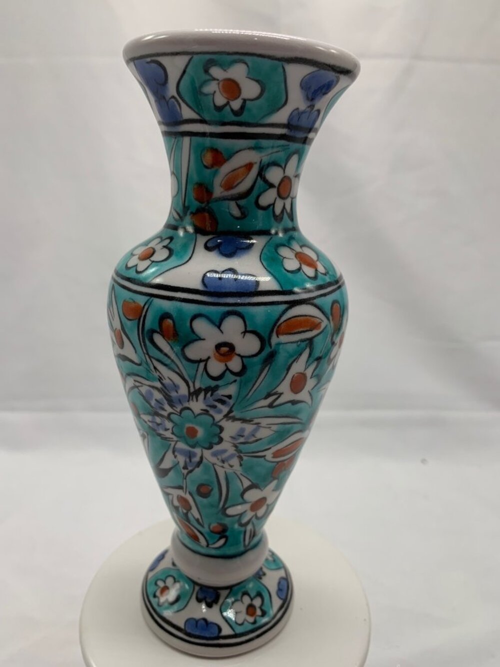 Handmade Greek Icaros Pottery Vase With Floral & Bird Motif Turquoise & White